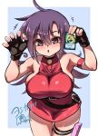  1girl bare_shoulders blue_background breasts card dress duel_masters holding holding_card large_breasts microdress purple_eyes purple_hair red_dress simple_background solo tasogare_mimi yoshikage_(yo4kage) 