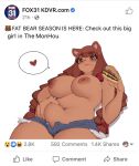  1girl arrow_(symbol) bear bear_girl beau_(luxu) belly_grab breasts brown_eyes brown_hair burger checkmark closed_mouth cowboy_shot emoji english_commentary english_text food food_on_face fox_news heart highres holding holding_burger holding_food large_breasts logo long_hair luxu navel nipples original plump sesame_seeds short_shorts shorts solo speech_bubble spoken_heart thick_eyebrows thick_thighs thighs thumbs_up twintails web_address 