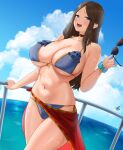  1girl absurdres bangs bare_shoulders bikini blue_bikini blue_eyes blue_sky blush breasts brown_hair choker cleavage collarbone fate/grand_order fate_(series) forehead highres kisaragi_tsurugi large_breasts leonardo_da_vinci_(fate) long_hair looking_at_viewer navel open_mouth parted_bangs sarong sky smile sunglasses swimsuit thighs 