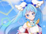  1girl ahoge asymmetrical_bangs blue_cape blue_dress blue_eyes blue_hair blue_sky blush brooch cape closed_mouth cloud cloudy_sky commentary cure_sky cut_bangs day detached_sleeves diagonal_bangs dress earrings fingerless_gloves floating_hair gloves gradient_hair hair_ornament hikota. hirogaru_sky!_precure jewelry long_hair looking_at_viewer magical_girl multicolored_dress multicolored_hair outdoors pink_hair precure puffy_detached_sleeves puffy_sleeves red_cape single_bare_shoulder single_earring single_hair_streak single_sidelock sky sleeveless sleeveless_dress smile solo sora_harewataru sphere_earrings streaked_hair twintails two-sided_cape two-sided_fabric two-tone_dress two-tone_hair upper_body very_long_hair white_dress white_gloves wing_brooch wing_hair_ornament 