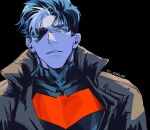  1boy bat_signal batman_(series) batman_symbol black_bodysuit black_hair blue_eyes bodysuit brown_jacket dc_comics e2_yhxloki grey_bodysuit highres jacket jason_todd male_focus multicolored_bodysuit muscular muscular_male open_clothes red_hood_(dc) red_hood_and_the_outlaws short_hair superhero_costume taut_bodysuit two-tone_bodysuit 