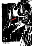  1boy absurdres akechi_gorou artist_name black_background black_mask black_mask_(persona_5) dripping fake_horns highres horns lips mask monochrome official_alternate_costume official_art persona persona_5 red_eyes saitou_rokuro signature simple_background two-tone_background wet wet_clothes white_background 