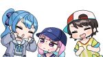  3girls :d anchor_symbol baseball_cap black_hair blue_bow blue_hair blue_hat blue_sailor_collar blush_stickers bow braid cardigan chibi closed_eyes grey_cardigan hair_bow hands_up hat highres hololive hoshimachi_suisei hoshimachi_suisei_(sailor) long_hair long_sleeves low_twintails minato_aqua minato_aqua_(sailor) mochimiko multicolored_hair multiple_girls oozora_subaru oozora_subaru_(1st_costume) open_cardigan open_clothes pink_hair pleated_skirt puffy_long_sleeves puffy_sleeves purple_eyes sailor_collar school_uniform serafuku shirt short_sleeves side_ponytail sideways_hat simple_background skirt sleeves_past_wrists smile star_(symbol) striped_bow striped_clothes striped_shirt twin_braids twintails two-tone_hair vertical-striped_clothes vertical-striped_shirt virtual_youtuber white_background white_sailor_collar white_serafuku white_shirt white_skirt 