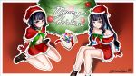  2girls abs alternate_costume bare_shoulders black_hair blood blood_on_hands blue_hair boots box breasts brown_boots choker christmas_tree colored_inner_hair criss-cross_halter dantonphanton dress dual_persona eyeliner facepaint fate/grand_order fate_(series) fur-trimmed_dress fur_trim gift gift_box gloves green_ribbon grey_eyes grin halterneck hat highres long_hair looking_at_viewer makeup merry_christmas miniskirt multicolored_hair multiple_girls navel off_shoulder red_dress red_gloves red_hat red_skirt ribbon saint_quartz_(fate) santa_costume santa_dress santa_hat short_hair sidelocks sitting skirt small_breasts smile tenochtitlan_(fate) tenochtitlan_(first_ascension)_(fate) tenochtitlan_(second_ascension)_(fate) toned 