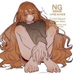  1girl barefoot closed_mouth feet foot_focus freckles green_eyes grey_sweater ishmael_(project_moon) knees_up limbus_company long_hair long_sleeves looking_at_viewer no_hair_bow no_hairband orange_hair project_moon sidelocks solo sweater translation_request very_long_hair vx7givcony78710 wavy_hair 