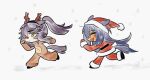  2girls ^_^ absurdres animal_costume animal_ears antlers bandaid bandaid_on_face bandaid_on_nose belt black_belt black_hair black_hairband black_shoes blunt_ends brown_gloves brown_hair chibi christmas clenched_hands closed_eyes closed_mouth coat cosplay dark-skinned_female dark_skin ears_through_headwear fake_antlers fang floating_hair fur-trimmed_coat fur-trimmed_headwear fur-trimmed_pants fur-trimmed_sleeves fur_trim gloves hair_between_eyes hairband happy hat highres hishi_amazon_(umamusume) horns horse_ears horse_girl horse_tail hwipa_(param_blue) kigurumi leg_up long_hair multiple_girls narita_brian_(umamusume) open_mouth pants pom_pom_(clothes) ponytail red_coat red_gloves red_hat red_pants reindeer_antlers reindeer_costume running santa_costume santa_hat shoes sidelocks simple_background sleeves_past_wrists smile snow snowing tail umamusume very_long_hair white_background yellow_eyes 