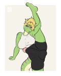 2025 anthro balls big_breasts big_penis blonde_hair bodily_fluids bottomwear breasts bulge clothing detailed_bulge digital_drawing_(artwork) digital_media_(artwork) erection foreskin genital_fluids genitals green_body gynomorph hair hi_res huge_penis humanoid_genitalia humanoid_penis iguana iguanid intersex leaking_precum legs_up lizard looking_at_viewer markings penis precum purple_eyes purple_markings reptile scalie shirt shorts solo tan_body tank_top topwear valerie_(iggymaid) xc404 yoga