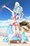  1girl animal armpits beach blue_hair blue_nails blue_tongue bow cloud colored_tongue elbow_gloves flower gloves gurumie hair_bow hair_flower hair_intakes hair_ornament hat highres indie_virtual_youtuber lazuli_(vtuber) long_hair nail_polish neckerchief ocean one_eye_closed pink_eyes pink_flower pink_gloves pink_neckerchief pink_sandals sandals shadow sky solo starfish sun_hat toenail_polish toenails virtual_youtuber white_bow 