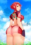  1girl artist_name ass blue_sky blush breasts cameltoe circlet closed_mouth cloud cloudy_sky fingerless_gloves from_behind from_below gloves grass large_breasts looking_at_viewer mystra77 outdoors patreon_logo pyra_(xenoblade) red_eyes red_hair short_hair short_shorts shorts sideboob sky smile solo swept_bangs xenoblade_chronicles_(series) xenoblade_chronicles_2 