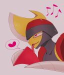  1other arm_blade bisharp blush facing_to_the_side grey_background grey_helmet grey_trim half-closed_eyes heart helmet highres licking licking_object looking_up musical_note pokemon pokemon_(creature) pokemon_focus red_eyes red_helmet shoulder_pads spoken_heart tongue tongue_out two-tone_helmet umi-be-to upper_body weapon 