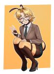  1girl arthropod_girl bee_girl black_necktie black_shoes black_skirt blonde_hair blush breasts brown_suit closed_eyes collared_shirt earrings face_piercing full_body grey-framed_eyewear hand_on_own_knee high_heels highres hunybee jewelry long_sleeves looking_at_viewer medium_breasts mouth_piercing necktie open_mouth original pencil_skirt piercing round_eyewear shirt shoes short_hair skirt smile solo squatting suit thick_thighs thighs v white_shirt 