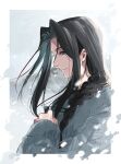  1boy black_hair braid braided_ponytail curtained_hair day fate/grand_order fate_(series) grey_eyes grey_sky highres kaisan_07 kondou_isami_(fate) long_hair male_focus outdoors profile single_braid sky smile snowing solo sweater upper_body winter 