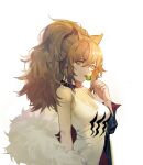  1girl animal_ears arknights black_choker black_jacket blonde_hair breasts candy choker cleavage eyebrows_visible_through_hair food from_side fur-trimmed_jacket fur_trim hair_between_eyes highres holding holding_candy holding_food holding_lollipop jacket lion_ears lollipop long_hair looking_at_viewer medium_breasts off_shoulder open_clothes open_jacket open_mouth ponytail siege_(arknights) simple_background sleeveless solo tank_top tongue upper_body white_background white_tank_top yellow_eyes yikouqingcao_(douqing) 