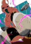  1boy black_sclera blue_tongue blurry blurry_foreground colored_sclera colored_skin colored_tongue dragon_ball dragon_ball_z highres kid_buu majin_buu male_focus no_eyebrows open_mouth pants pink_skin purple_eyes solo stktik09060906 tongue tongue_out topless_male white_pants 