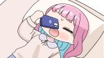  1girl anchor_symbol arm_up blue_hair blush blush_stickers brown_shirt cellphone chibi closed_eyes collared_shirt dropping highres holding holding_phone hololive long_hair long_sleeves lying minato_aqua mochimiko multicolored_hair nose_blush on_back open_mouth phone pillow pink_hair puffy_long_sleeves puffy_sleeves shirt solo streaked_hair tears two-tone_hair virtual_youtuber wavy_mouth 