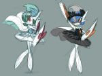  2girls alternate_design alternate_hairstyle alternate_universe arm_blade arm_up ballet black_dress black_hairband black_skirt blue_hair bob_cut capelet colored_skin crossed_arms dancing dress gallade genderswap genderswap_(mtf) green_hair grey_background hairband lampette looking_to_the_side mega_gallade mohawk multicolored_skin multiple_girls pokemon pokemon_(creature) pokemon_focus red_eyes side-by-side sketch skirt strapless strapless_dress turning_head tutu two-tone_skin unfinished weapon white_capelet white_dress white_hairband white_skin white_skirt wind 