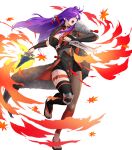  1girl attack black_choker breasts choker cleavage dagger female_shez_(fire_emblem) female_shez_(ninja)_(fire_emblem) fire fire_emblem fire_emblem:_three_houses fire_emblem_heroes fire_emblem_warriors:_three_hopes fishnet_pantyhose fishnets fur_scarf glowing glowing_weapon hair_bun hair_over_one_eye highres holding holding_dagger holding_knife holding_kunai holding_weapon japanese_clothes knife kunai leaf long_hair medium_breasts non-web_source official_alternate_costume official_art open_mouth pantyhose purple_eyes purple_hair sandals scarf single_fishnet_legwear single_leg_pantyhose solo v-shaped_eyebrows very_long_hair weapon 