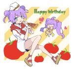  1girl :d ^_^ ahoge blue_eyes blush bow chibi chibi_inset closed_eyes commentary_request double_bun dress eating food food_on_face full_body garrison_cap hair_bow hair_bun happy_birthday hat heart highres holding holding_food holding_pizza jacket long_hair looking_at_viewer manaka_laala manaka_laala_(normal) neckerchief no_pants nojima_minami open_mouth pink_bow pizza pizza_slice platform_sandals pretty_series pripara protected_link purple_hair red_neckerchief sandals short_hair sitting smile striped_background tomato twintails white_hat white_jacket yellow_dress 