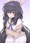  1girl black_hair blue_archive blue_eyes blush commentary_request hair_between_eyes halo headband ikue_fuuji long_hair looking_at_viewer low_twintails open_mouth school_uniform simple_background solo sweater twintails ui_(blue_archive) 