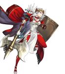  1girl attack axe battle_axe blue_eyes bodysuit cape crown dress edelgard_von_hresvelg edelgard_von_hresvelg_(adrestian_emperor) edelgard_von_hresvelg_(adrestian_emperor)_(resplendent) edelgard_von_hresvelg_(timeskip) fake_horns feather_trim fingerless_gloves fire_emblem fire_emblem:_three_houses fire_emblem_heroes gloves hair_rings highres holding holding_axe holding_shield horns insignia non-web_source official_alternate_costume official_art red_bodysuit red_cape red_gloves running shield solo two-sided_cape two-sided_fabric weapon white_cape white_dress white_hair 