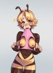  1girl arthropod_girl bee_girl blonde_hair blush breasts brown_eyes earrings grey_background heart highres holding holding_panties holding_underwear holding_unworn_clothes hunybee jewelry looking_at_viewer medium_breasts mouth_hold navel nipple_piercing nipples original panties piercing pink_panties short_hair simple_background solo underwear unworn_panties 