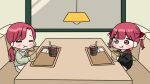  2girls :t =_= black_jacket brown_eyes burger ceiling_light chibi closed_eyes closed_mouth commentary_request couch cup disposable_cup drinking_straw eating food green_shirt grey_skirt hair_ribbon heterochromia highres holding holding_food hololive hood hood_down hooded_jacket houshou_marine houshou_marine_(summer) indoors jacket low_ponytail mochimiko multiple_girls on_couch ponytail red_eyes red_hair red_ribbon ribbon shirt siblings sisters skirt table tray twintails virtual_youtuber wavy_mouth window 