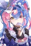  1girl blue_hair candy commentary_request food heterochromia highres holding holding_candy holding_food holding_lollipop kado_51 lollipop looking_at_viewer multicolored_hair open_mouth pink_eyes pink_hair roccia_(wuthering_waves) solo teeth twintails two-tone_hair upper_teeth_only wuthering_waves yellow_eyes 