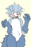  2021 2:3 black_nose blue_arms blue_legs blue_tail blush canid canine canis countershade_face countershade_torso countershading digital_media_(artwork) domestic_dog eyebrows featureless_crotch floppy_ears fur green_background grey_eyes hair hi_res kemono light_belly light_body light_countershading male mammal open_mouth pink_tongue pizademokttero portrait sharp_teeth short_hair simple_background solo standing teeth three-quarter_portrait three-quarter_view tongue white_body white_eyebrows white_fur 