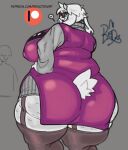 absurd_res anthro big_breasts big_butt bovid breasts butt butt_focus caprine clothing eyewear female furgonomics garter_straps glasses goat grey_background grey_clothing grey_sweater grey_topwear hand_on_hip heart_symbol hi_res huge_breasts huge_butt legwear looking_at_viewer looking_back looking_back_at_viewer mammal mature_female nipple_outline patreon patreon_logo purple_clothing purple_robe rear_view redactedinlight robe simple_background stockings sweater tail text thick_thighs topwear toriel undertale_(series) url wide_hips