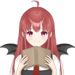  1girl ahoge bangs bat_wings book closed_mouth eyebrows_visible_through_hair hands_up holding holding_book koakuma light_blush long_hair looking_at_viewer nail_polish necktie open_book pink_nails purple_eyes red_hair red_necktie simple_background smile solo touhou upper_body user_zpaf4388 white_background wings 