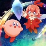  blue_eyes blush collar crystal dress fairy fairy_wings gurumi_mami kirby kirby_(series) kirby_64 open_mouth pink_hair rainbow red_dress red_ribbon ribbon ribbon_(kirby) short_hair sky smile star_(symbol) white_collar wings 