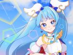  1girl ahoge artistic_error asymmetrical_bangs blue_cape blue_dress blue_eyes blue_hair blue_sky blush brooch cape closed_mouth cloud cloudy_sky commentary cure_sky cut_bangs day detached_sleeves diagonal_bangs dress earrings fingerless_gloves floating_hair gloves gradient_hair hair_ornament hikota. hirogaru_sky!_precure jewelry long_hair looking_at_viewer magical_girl multicolored_dress multicolored_hair outdoors pink_hair precure puffy_detached_sleeves puffy_sleeves red_cape single_bare_shoulder single_earring single_sidelock sky sleeveless sleeveless_dress smile solo sora_harewataru sphere_earrings twintails two-sided_cape two-sided_fabric two-tone_dress two-tone_hair upper_body very_long_hair white_dress white_gloves wing_brooch wing_hair_ornament 