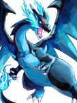  black_skin blue_fire blue_skin charizard claws colored_skin commentary_request creature creature_focus dragon fire kodak_painter mega_charizard_x mega_pokemon no_humans open_mouth pokemon pokemon_(creature) pokemon_focus red_eyes sharp_teeth tail teeth white_background wings 