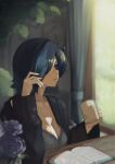  1girl adjusting_hair black_hair black_jacket book breasts cleavage closed_mouth collarbone cup dakara025250 flower hair_over_one_eye highres holding holding_cup indoors jacket kirishima_touka large_breasts medium_hair open_book open_clothes open_jacket plant shiny_skin smile solo table tokyo_ghoul window 
