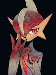  1other arm_blade blood blood_in_hair blood_on_chest blood_on_hands blood_on_weapon blush colored_skin gallade grey_hair grey_skin grin hair_over_one_eye half-closed_eyes hand_up high_contrast highres looking_to_the_side mohawk pokemon pokemon_(creature) pokemon_focus red_eyes smile solo umi-be-to upper_body weapon 