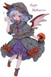  1girl absurdres bat_wings blue_hair bow bowtie collared_shirt commentary_request fang frilled_shirt_collar frills halloween halloween_bucket halloween_costume hat hat_ribbon highres mary_janes misoice_ramen mob_cap open_mouth puffy_short_sleeves puffy_sleeves red_bow red_eyes red_nails red_ribbon remilia_scarlet ribbon shirt shoes short_hair short_sleeves skin_fang solo touhou twitter_username upper_body wings 