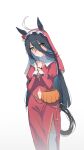  1girl absurdres ahoge alternate_costume animal_ears beads black_hair blush clothing_cutout coif cross dev_grater dress ear_flower ears_through_headwear flower hair_between_eyes halloween halloween_bucket halloween_costume highres horse_ears horse_girl horse_tail latin_cross long_bangs long_hair long_hair_between_eyes long_sleeves looking_at_viewer manhattan_cafe_(umamusume) multicolored_hair navel navel_cutout nun own_hands_clasped own_hands_together prayer_beads red_dress red_flower red_rose red_veil rose side_slit simple_background solo tail umamusume veil very_long_hair white_background white_hair yellow_eyes 