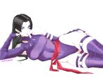  1girl armband black_hair blue_eyes breasts commentary covered_navel earrings elbow_gloves expressionless facial_mark fingerless_gloves gloves highleg highleg_leotard highres hoop_earrings jewelry leotard lying marvel medium_breasts o-ring o-ring_thigh_strap on_side psylocke purple_gloves purple_leotard purple_thighhighs red_sash sash signature solo thigh_strap thighhighs virtuware x-men 