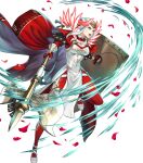  1girl attack axe battle_axe blue_eyes bodysuit cape crown dress edelgard_von_hresvelg edelgard_von_hresvelg_(adrestian_emperor) edelgard_von_hresvelg_(adrestian_emperor)_(resplendent) edelgard_von_hresvelg_(timeskip) fake_horns feather_trim fingerless_gloves fire_emblem fire_emblem:_three_houses fire_emblem_heroes gloves hair_rings highres holding holding_axe holding_shield horns insignia non-web_source official_alternate_costume official_art petals red_bodysuit red_cape red_gloves rose_petals running shield solo two-sided_cape two-sided_fabric weapon white_cape white_dress white_hair 