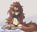  anthro apogee_(tinygaypirate) brown_body brown_eyes brown_fur brown_hair canid canine canis cheek_tuft clothed clothing domestic_dog ear_piercing facial_tuft female fur hair long_hair mammal markings navel off_shoulder panties piercing shirt sleepwear solo spitz tank_top tinygaypirate topwear tuft underwear 