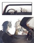  2boys blade_(honkai:_star_rail) blue_eyes car car_interior chinese_clothes driving formal_clothes hair_over_one_eye highres honkai:_star_rail honkai_(series) jing_yuan long_hair looking_at_another male_focus mississipping motor_vehicle multiple_boys ponytail simple_background steering_wheel suit white_hair yellow_eyes 
