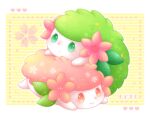  alternate_color dotted_line flower full_body heart looking_at_viewer lying no_humans on_stomach outline pink_flower pokemon pokemon_(creature) shaymin shaymin_(land) shiny_and_normal shiny_pokemon smile striped striped_background ten&#039;on_(amane09) yellow_background 
