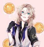  1boy albedo_(genshin_impact) black_gloves blonde_hair food fruit genshin_impact gloves green_eyes holding_necktie kkaiju looking_at_viewer open_mouth orange_(fruit) solo upper_body vest white_vest 