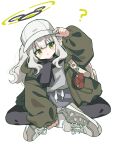  1girl :o ? arm_up baseball_cap black_halo black_leggings black_scarf blue_archive blush commentary drawstring full_body furiba_794 green_eyes green_halo green_jacket grey_hair grey_shirt grey_shoes grey_shorts grey_socks halo hand_on_own_leg hare_(blue_archive) hare_(camp)_(blue_archive) hat hat_tip head_tilt highres indian_style jacket leggings long_hair long_sleeves looking_at_viewer multicolored_halo official_alternate_costume scarf shirt shoes shorts simple_background sitting sneakers socks solo straight-on white_background white_hat 