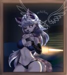  anthro backlighting bedroom bikini canid canid_demon canine canis clothing demon female flirting_with_viewer gloves glowing glowing_eyes handwear hellhound helluva_boss hi_res latex latex_armwear latex_gloves light lighting loona_(helluva_boss) mammal selfie solo swimwear tekitourabbit_(artist) wolf 