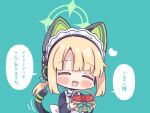  1girl ^_^ animal_ear_headphones animal_ears apple apron basket blonde_hair blue_archive blue_bow blue_bowtie blush bow bowtie cat_ear_headphones cat_ears chibi chibi_only closed_eyes dress fake_animal_ears food fruit fruit_basket green_background green_halo green_ribbon halo headphones highres holding holding_basket long_sleeves maid maid_apron maid_headdress midori_(blue_archive) midori_(maid)_(blue_archive) official_alternate_costume open_mouth ribbon short_hair smile tail takahero white_apron 