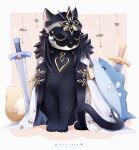  absurdres animalization black_fur black_helmet cape capitano_(genshin_impact) cat commentary_request fish full_body fur-trimmed_cape fur_trim genshin_impact helmet highres no_humans scratches sitting stuffed_animal stuffed_toy sword uouzzz weapon white_cape 