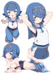  1girl :o armpits arms_behind_head barefoot blue_eyes blue_hair blush breasts censored censored_nipples closed_mouth eyebrows_visible_through_hair heart heart_censor highres lana_(pokemon) looking_at_viewer lying medium_breasts noa_(nagareboshi) on_stomach pokemon pokemon_(game) pokemon_sm short_hair simple_background soles solo toes white_background 