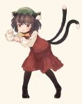  1girl :3 animal_ears ar_(maeus) bangs black_footwear black_legwear blunt_bangs blush boots bow bowtie brown_hair cat_ears cat_tail chen commentary earrings eyebrows_visible_through_hair full_body green_headwear hat jewelry long_sleeves looking_at_viewer mob_cap multiple_tails nekomata open_mouth pantyhose paw_pose puffy_long_sleeves puffy_sleeves red_eyes red_skirt red_vest redrawn shirt short_hair simple_background single_earring skirt skirt_set smirk solo standing tail touhou two_tails vest white_background white_shirt yellow_bow yellow_bowtie 