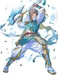  1boy aqua_eyes axe cape clenched_teeth damaged fire_emblem fire_emblem_heroes green_hair highres holding holding_axe hrid_(fire_emblem) hrid_(ninja)_(fire_emblem) ice japanese_clothes maid_headdress mask mask_on_shoulder ninja non-web_source official_alternate_costume official_art sandals snowflakes solo tabi teeth torn_clothes 